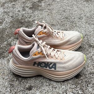 Hoka Beige and Orange Athletic Shoes
